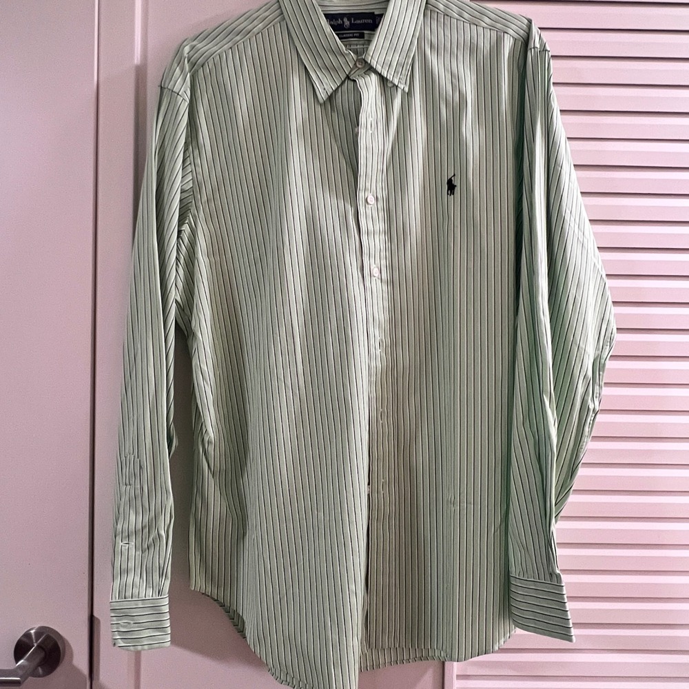 Ralph Lauren Button Down Mens XL Green Excellent Striped Classic Fit Long Sleeve